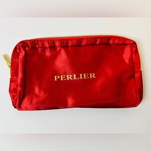 PERLIER Red Satin Vinyl Lined Cosmetic Bag Case with Gold Zipper NWOT
